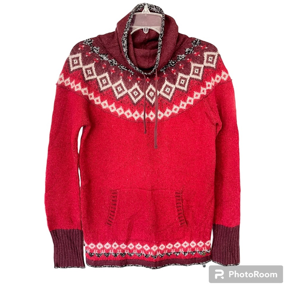 Eddie Bauer Woman’s Sz Small Red Fair Isle Pattern Wool Funnel Cowl Neck Sweater